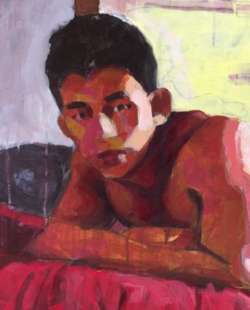 Asian Male Nude on Red Bedspread (Print)