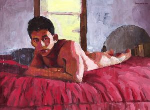 Asian Male Nude on Red Bedspread