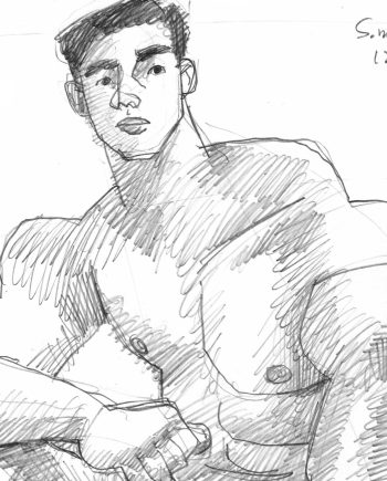 Kneeling Shirtless Boy in Shorts
