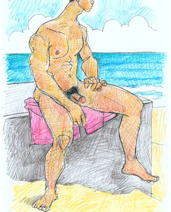 Male Nude Sitting on Bunker at Diamond Head Beach