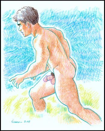 Wading Nude with Blue Outline
