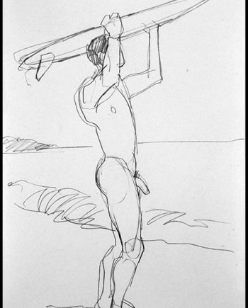 Nude Surfer with Board on Head