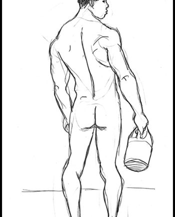 Rear Nude of Asian Guy Carrying a Jug